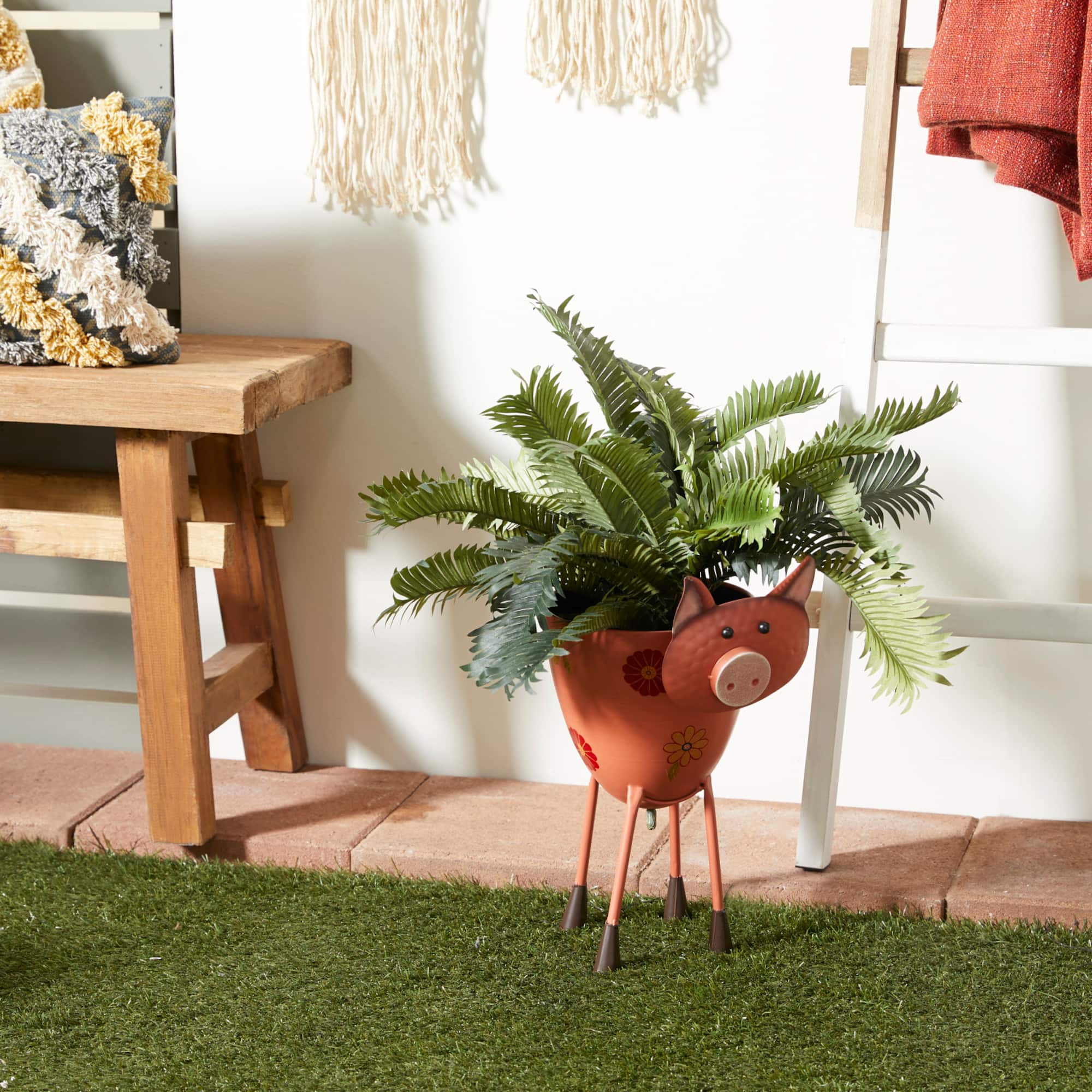 16" Pink Metal Eclectic Pig Planter